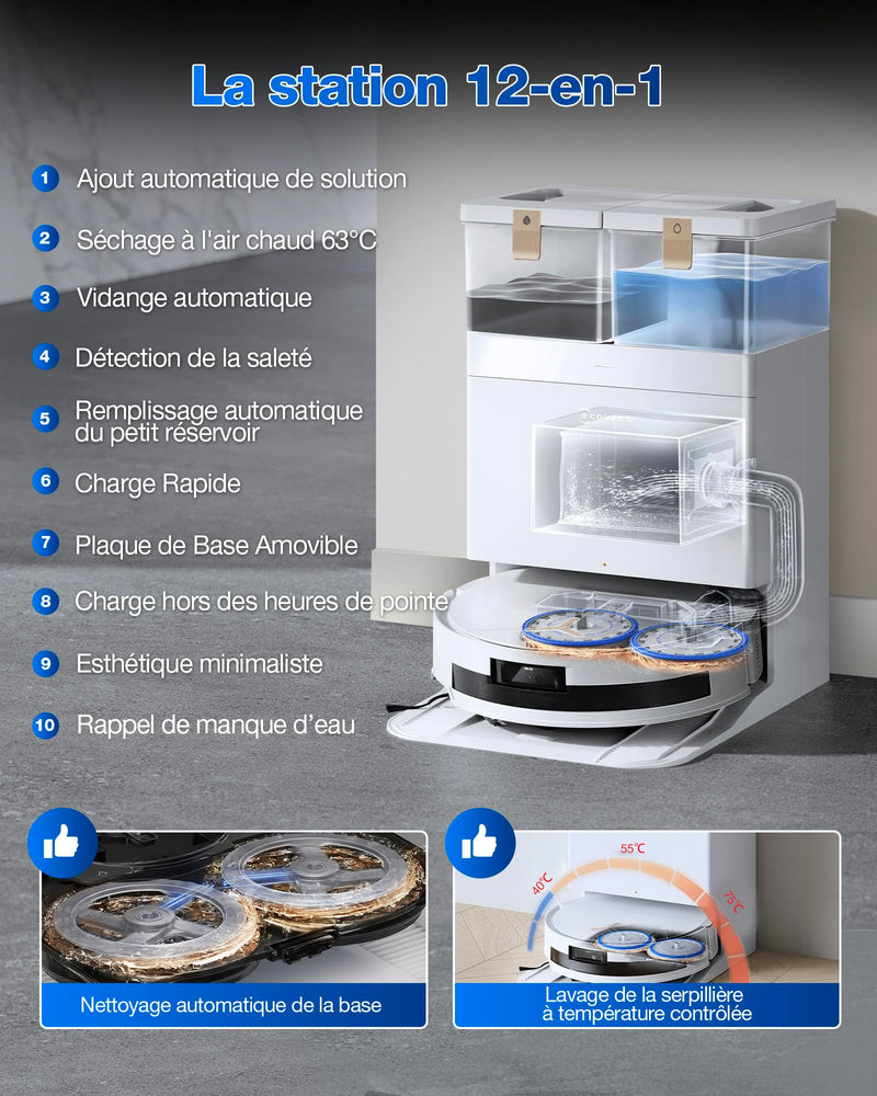 ECOVACS T50 Max Pro GEN2 Robot Aspirateur Laveur 18500Pa avec Station Blanc