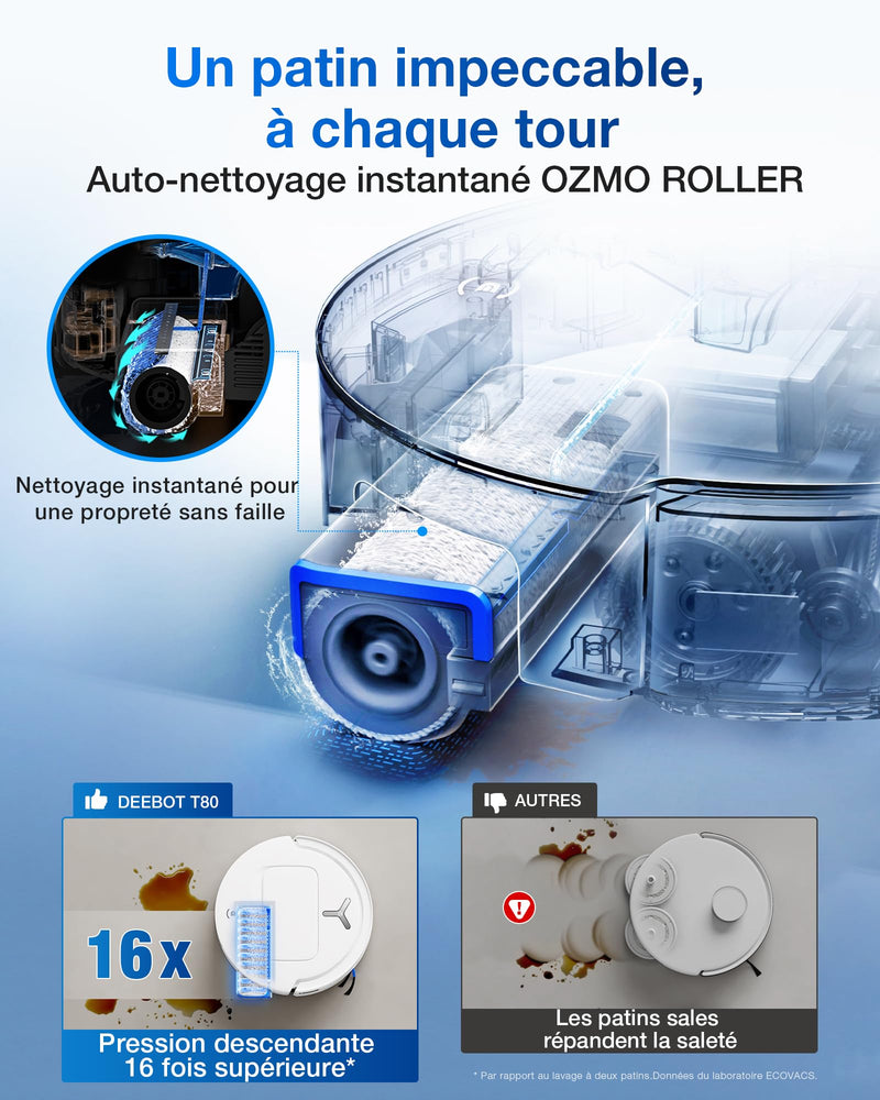 ECOVACS DEEBOT T80 Omni Robot Aspirateur Laveur 18000Pa Lavage Chaud 40-75℃ Blanc